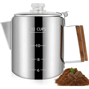 12 Cup Percolator 304 Stainless Coffee Pot Coffee Maker Coffee Machine with Wood Handle Transparent Knob Stovetop Greca Mocha for Induction Home and Camping 2200ml 74.4oz