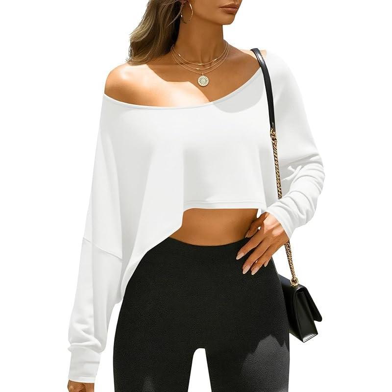 Womens Off The Shoulder Cropped Tops Batwing Long Sleeve Loose Fit Summer Boat Neck Workout T Shirts