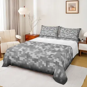 Grey Pixel Grid Bed Sheet,Miner Video Games Bedding Set,for Kids Girls Boys Teens Room Decor,Abstract Camouflage Fitted Sheets Grid Top Flat Sheet