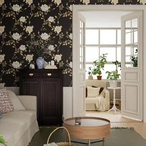 Black Golden Floral Peel and Stick Wallpaper Flowers Contact Paper 17.5" x 393" Self Adhesive Waterproof Vintage Dark Floral Wall Paper for Shelf Liner Cabinet Decor
