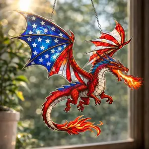 American Flag Dragon Suncatcher Acrylic Window Hanging – Patriotic Stained Glass Style Dragon Ornament, Double-Sided Printed Home Decor Gift, America 250 Gift, America 250 Decor