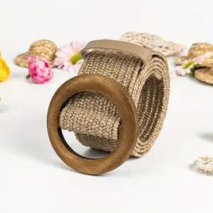 Wide Elastic Stretch Waist Belts Braided Cinch Belt Waistband With Round Wooden Buckle For Coat Dress Jean  Crochet Brown
