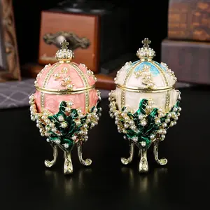 Luxury Pearl Crown Faberge Style Egg Shaped Jewelry Box, Enamel Lily Ornament Storage Box, Solve Necklace Tangles & Vanity Clutter