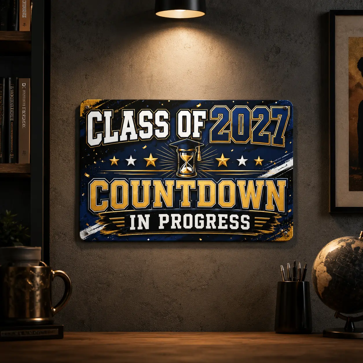 12x8 in Navy Blue & Gold Class of 2027 Countdown Print - Senior Year Wall Decoration Plaque, Inspiring Back to School Photo Prop Gift for Dorm, Bedroom