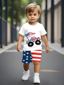 American Flag Off-road Patriotic Printed Toddler Short Sleeve Set, Casual Baby Clothing, T-shirts Suitable for Daily Wear and Outdoor Sports. Made of 100% Polyester, an Ideal Gift for Infants and Toddlers!
