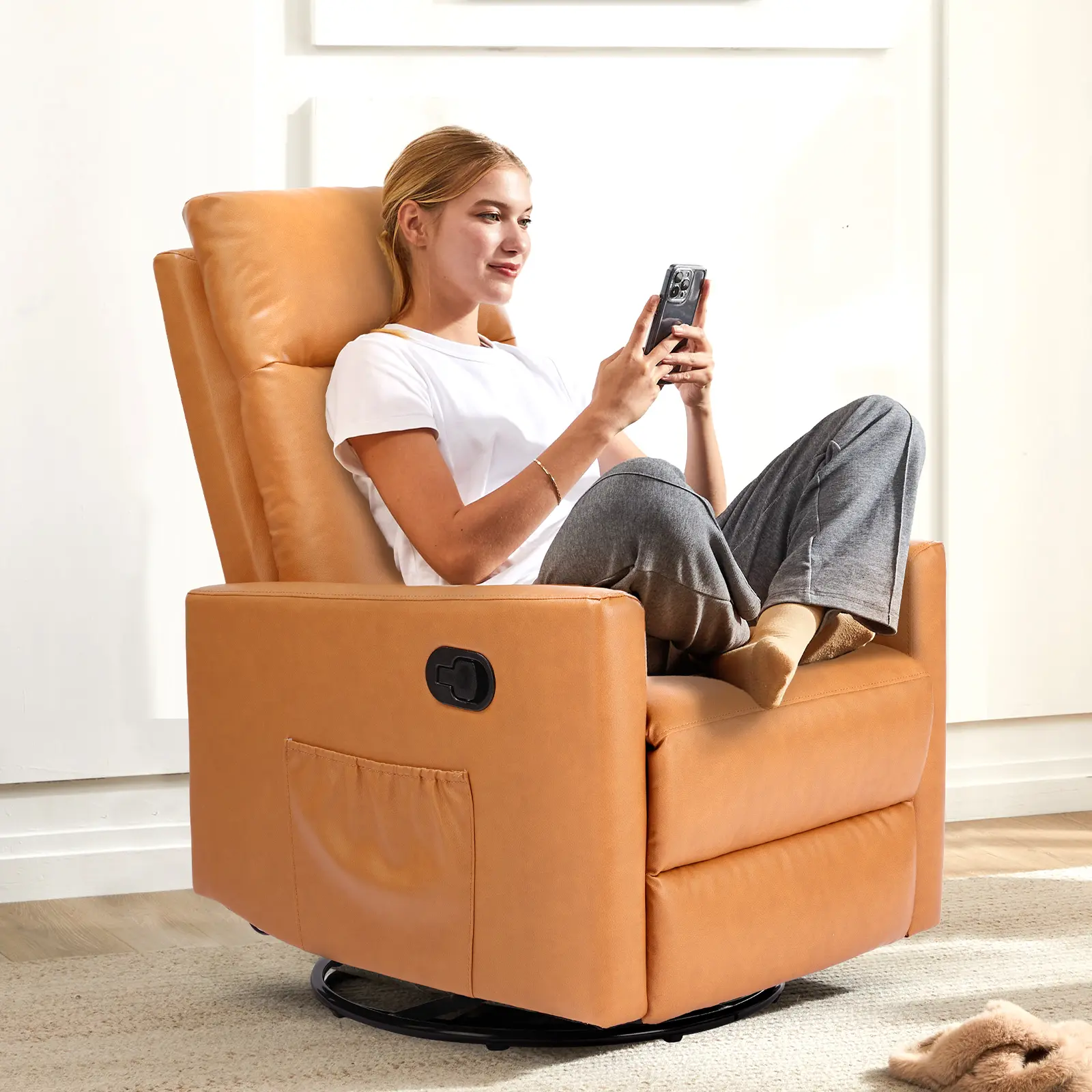 Swivel Recliner Chair, Glider Nursery Chair for Living Room with Extra Large Footrest, High Back, Upholstered Deep Seat (White, brown)