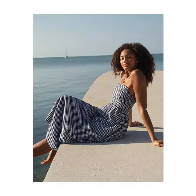 AE Strapless Smocked Embroidered Midi Dress