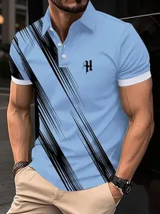 Men's Summer Polo Shirt with 3D Print Striped, Casual Fitted Top for All Seasons, Perfect for Family Gatherings and Friend Parties
