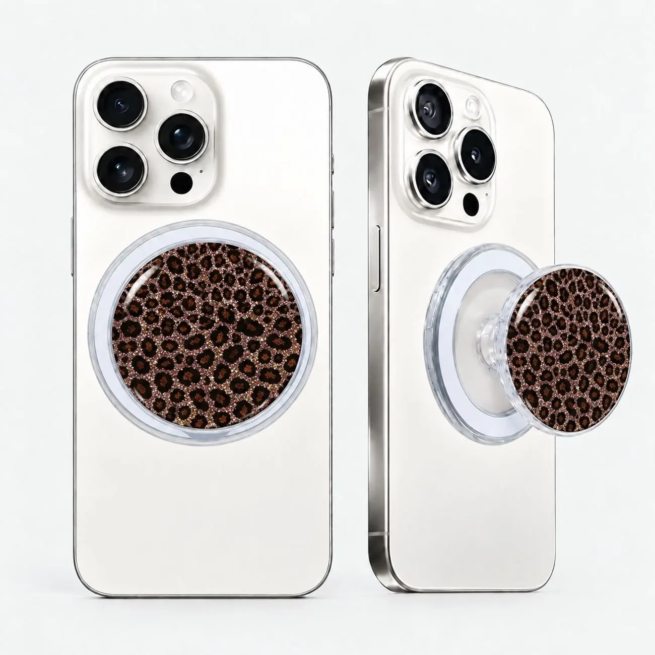 Chocolate Brown Leopard Print Magnetic Phone Grip, Shimmery Rose Gold Cheetah Spots Design, Cute Aesthetic Collapsible Phone Holder