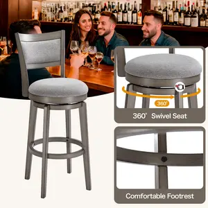 BuxWellBang Et of 2 Grey Swivel new Bar Stools 30 Inch High Back Counter Stools with Solid Wood Base for Kitchen Island Bar Dining Easy Assembly 360° Swivel Seat Comfortable Footrest