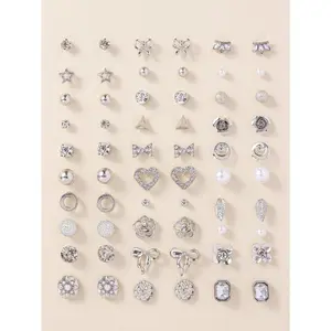 30pairs/Set Fashion Zinc Alloy Rhinestone Heart & Faux Pearl Stud Earrings For Women For Ear Decoration