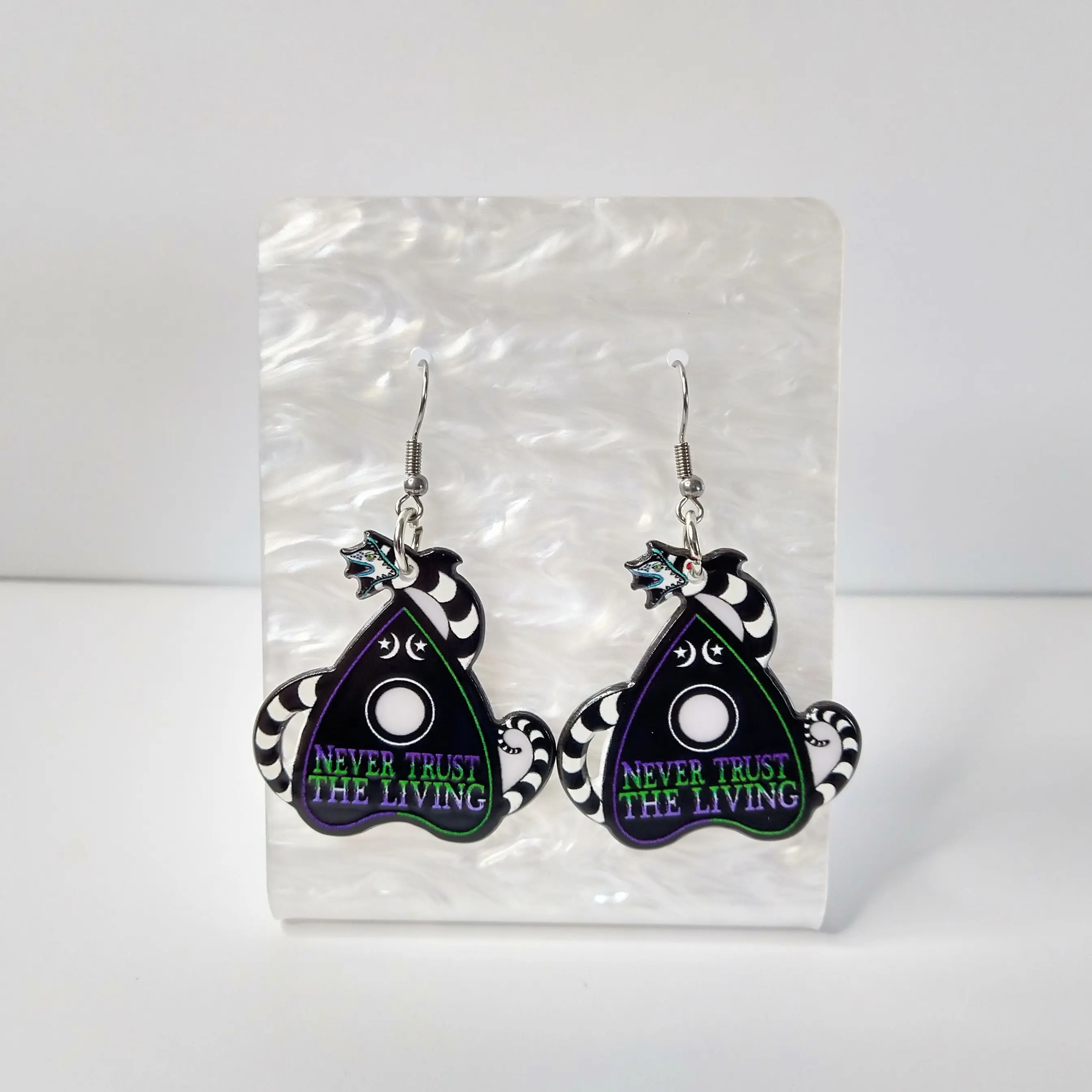 #420 "Never Trust The Living" Planchette with Black & White Snake Earrings- Stainless Steel Hooks- Casual Halloween Jewelry