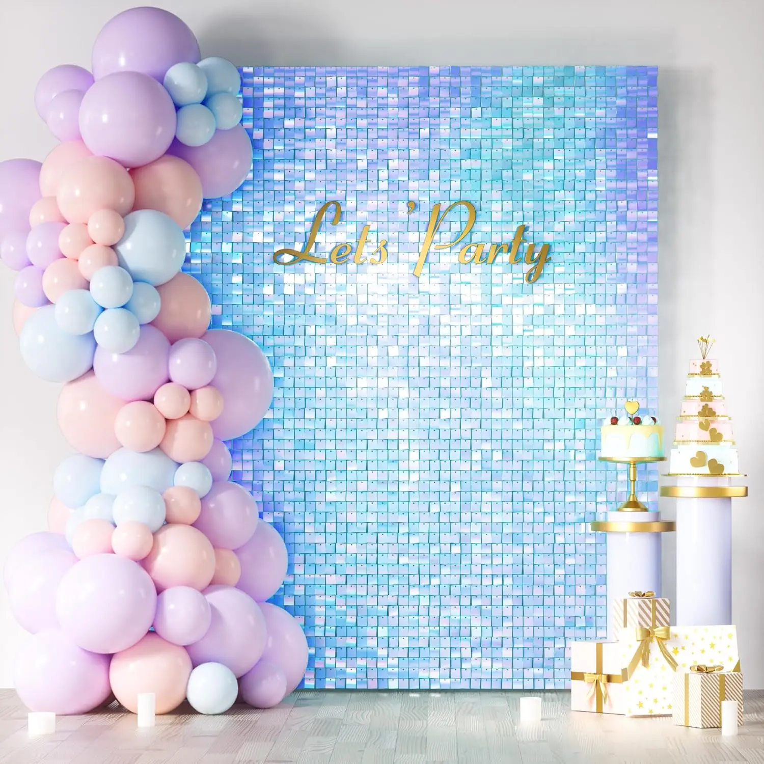 Iridescent Blue Shimmer Wall Backdrop - 30/36/49PCS Square Sequin Shimmer Backdrop Panel, Photo Backdrops for Birthday, Anniversary, Wedding, Graduation & Bachelorette Party Decoration