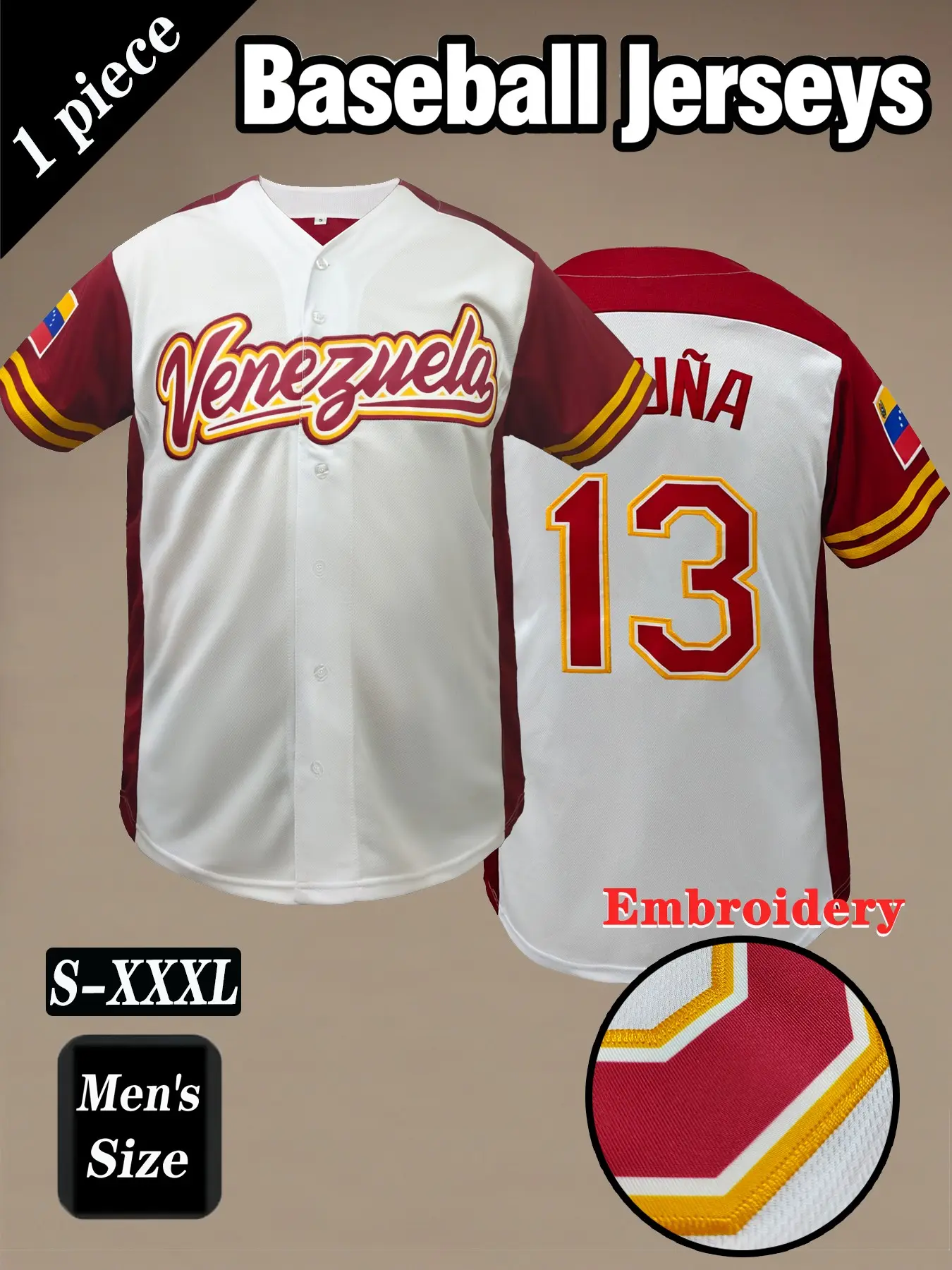 Men's baseball jersey, sports clothing, # 13 white Venezuelan letter embroidery, Embroidered Jersey, loose fit, breathable fabric, suitable for training and games, street fashion hip-hop style, unisex holiday gift