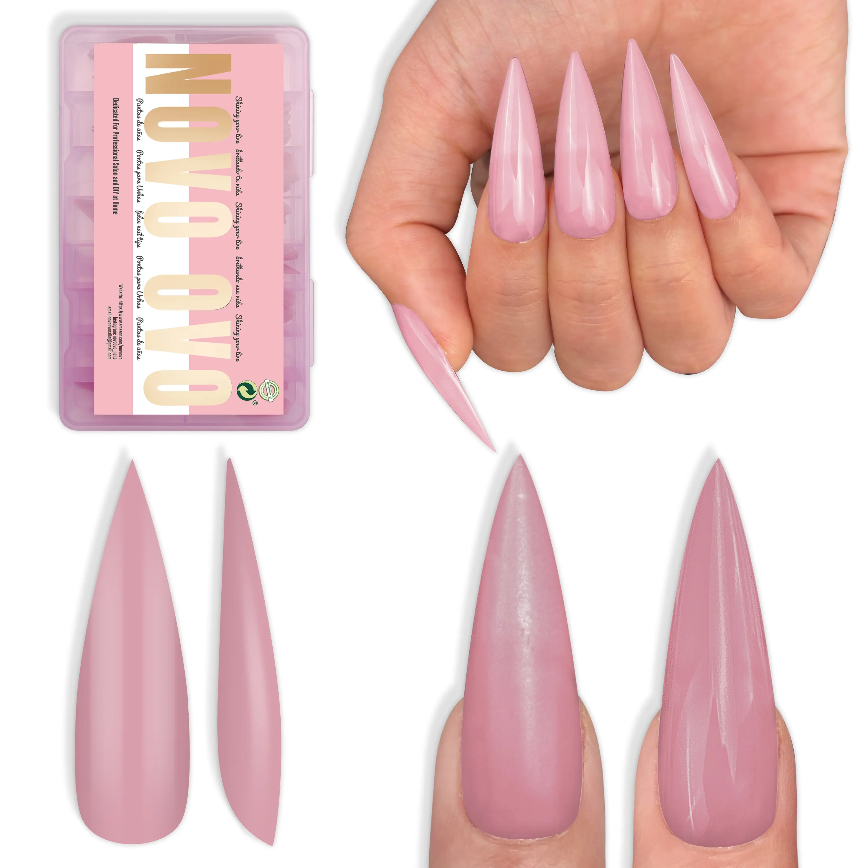 NOVO OVO Long XL Stiletto Nail Tips, Pre-Colored Soft Gel Full Cover Press Ons for Acrylic Extension, Berry Pink, 16 Sizes, 224 Pcs Multi-Pack, Nails, Gel Nail Set, Beauty Products