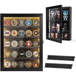 Display Case with Lights Medals Collectible Figures Display Box with Led Lighting Cabinet Clear  Holder Shadow Box Wall Mounted Rack Shelf Storage Box for Bobble Heads Black