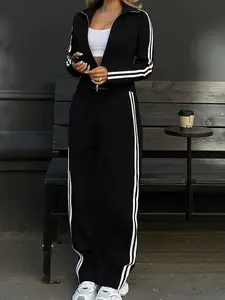 2 Piece Women's Fashionable Striped Sports Streetwear Tracksuit Set, Convenient Zipper Top and Loose Wide Leg Comfortable Pants Set for Casual Wear, Sweatsuit Outfits, Sports Suit Tracksuits