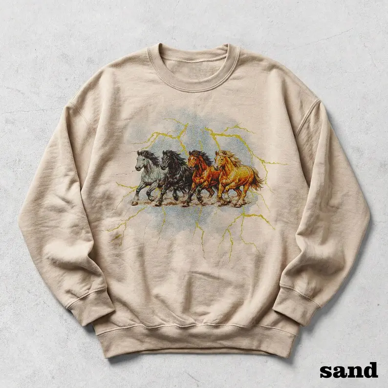 Wild Horses Lightning Sweatshirt, Vintage Western Cowboy Crewneck Pullover