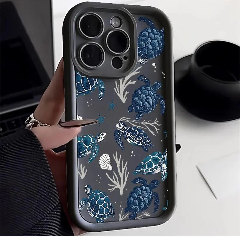 Blue Sea Turtle & Ocean Print Shockproof Phone Case / Fits iPhone 17 ProMax/16 ProMax/15 ProMax & Galaxy S26 Ultra/S25 Ultra/S24 Ultra