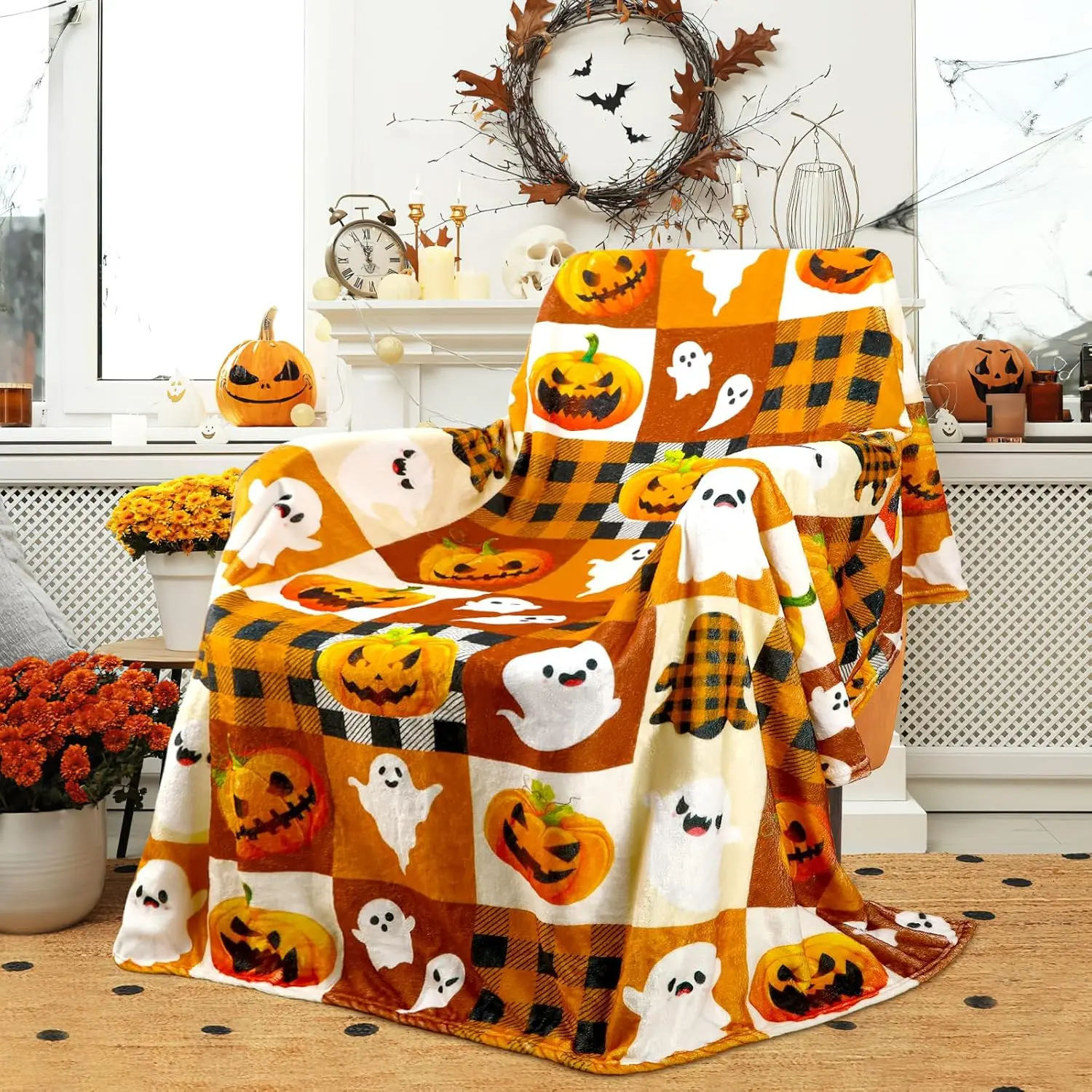 Halloween Printed Blanket Throw - Cute Ghost & Pumpkin Patch Pattern, Gentle Soft Comfy Decorative Bedding, Must-Have Halloween Gift, Comfy Blankets, Decorative Blankets