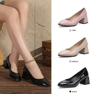 Women's high-heeled shoes, Korean style, fashionable and elegant, shallow cut, patent leather, chunky mid-heel, versatile for commuting