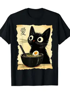 Men's Stylish Summer Regular Fitted T-Shirt with Japanese Cartoon Ramen Cat Print, Comfortable Casual Fit for Spring and Summer