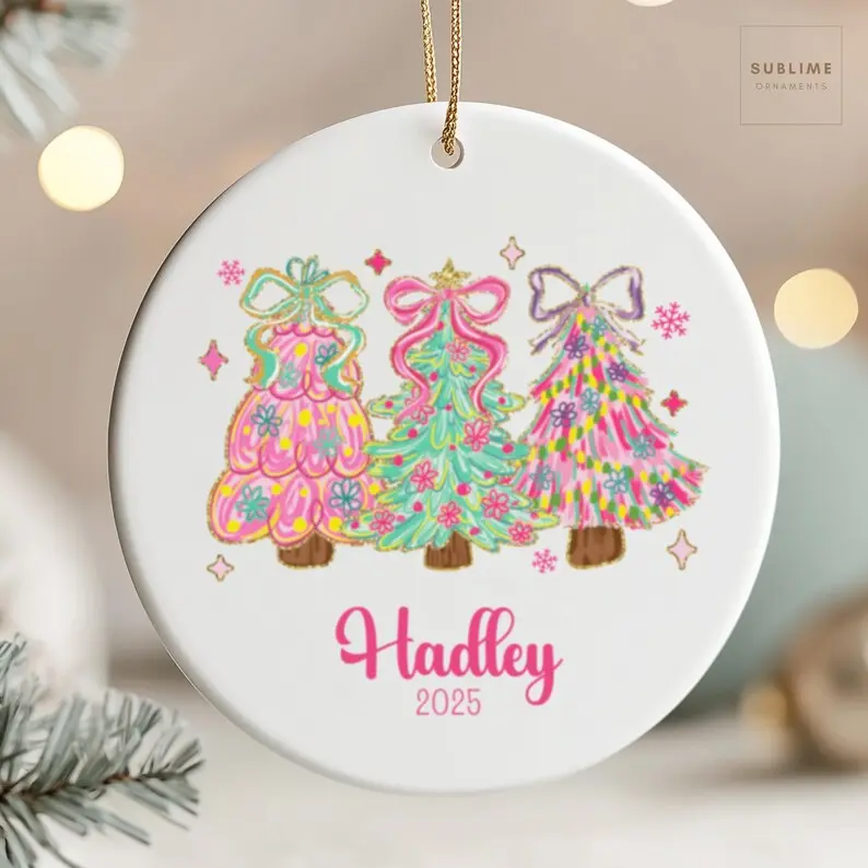 Personalized Pink Christmas Tree Ornament, Custom Name Ceramic Ornament, Cute Coquette Bow Christmas Decor, 2 Sided Circle Ornament, Family Xmas Gift 2026