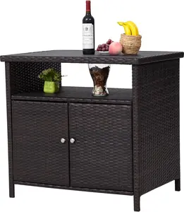 Outdoor Storage Tables for Patio - Portable Bar Table with 2 Doors & Shelves Weatherproof Wicker Storage Cabinet for Patio Pool Garden Kitchen Indoor, Dark Brown outdoor patio furniture