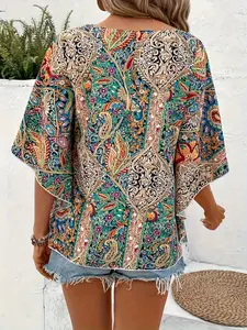 Women's Boho Paisley Print V-Neck Blouse - Half Sleeve Button Down Loose Fit Casual Top for Spring & Summer