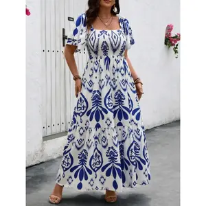 【Plus Size】 All Over Print Long Dress, Boho Fashion Casual Dress for Daily Holiday Vacation Wear, Women Plus Clothing for Summer