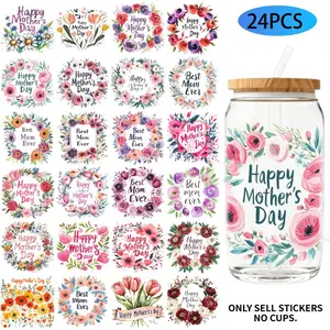 UV DTF Transfer Stickers - 24 Pieces/Set, Happy Mother's Day Floral Theme, UV DTF 16OZ DIY Transfer Stickers Suitable For 16-Ounce Water Bottles, Glass Bottles, Laptops, Home Decor DIY, High-Adhesion Transfer Paper, High Adhesive Stickers