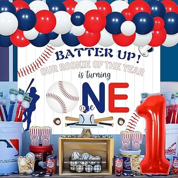Baseball 1st Birthday Decorations Red Navy Blue - Balloon Garland Arch Kit with 12 Monthly Photo Banner Rookie of The Year Backdrop, One High Chair Crown, Baseball Glove Balloons for Baby Boy Supplies