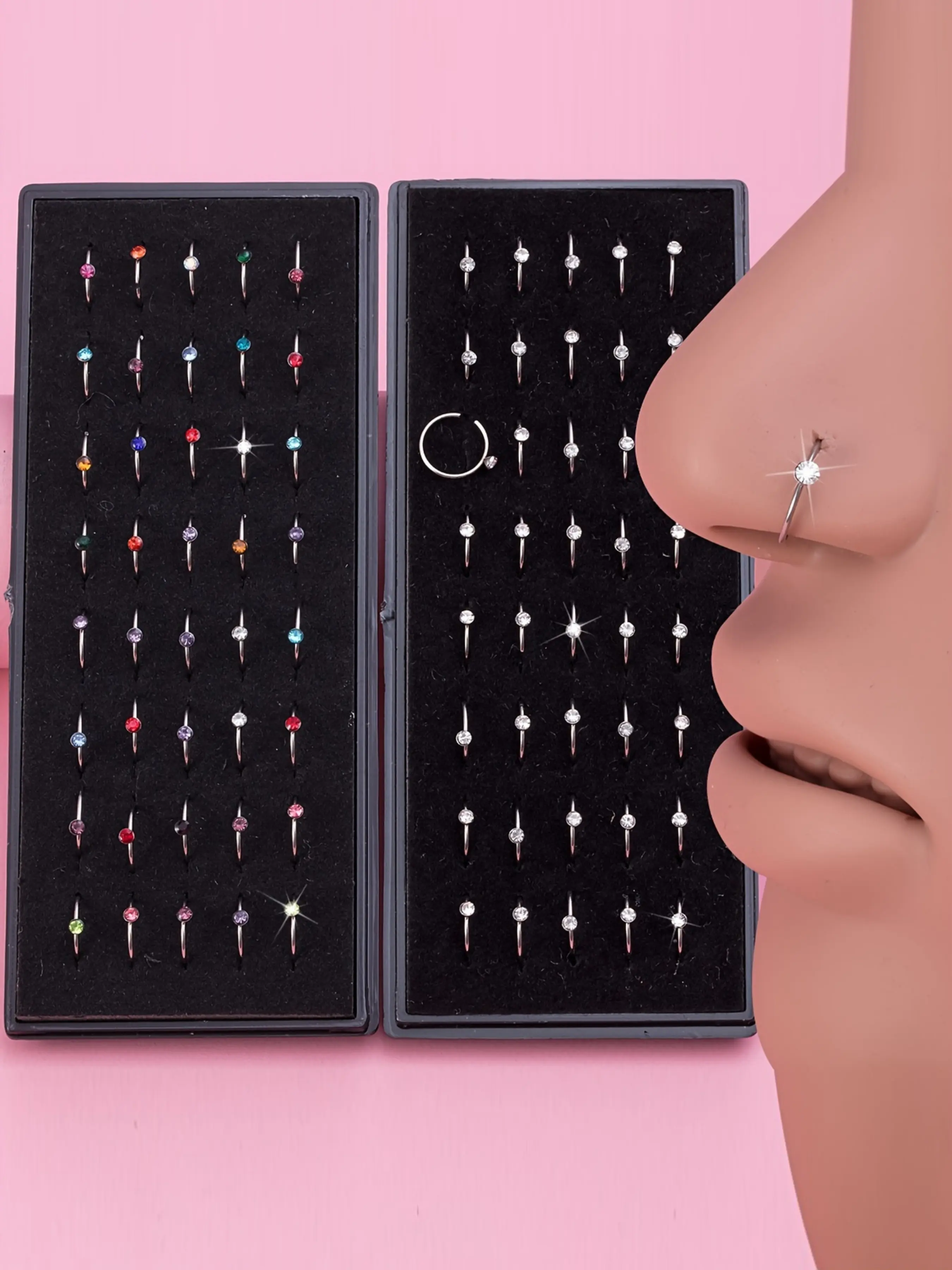 40pcs Box Sparkling Rhinestone Nose Rings Set, Hypoallergenic Stainless Steel Nostril Piercing Jewelry, 8mm Diameter Nose Hoop Ring, Nose Rings Hoops, Nosepiercings