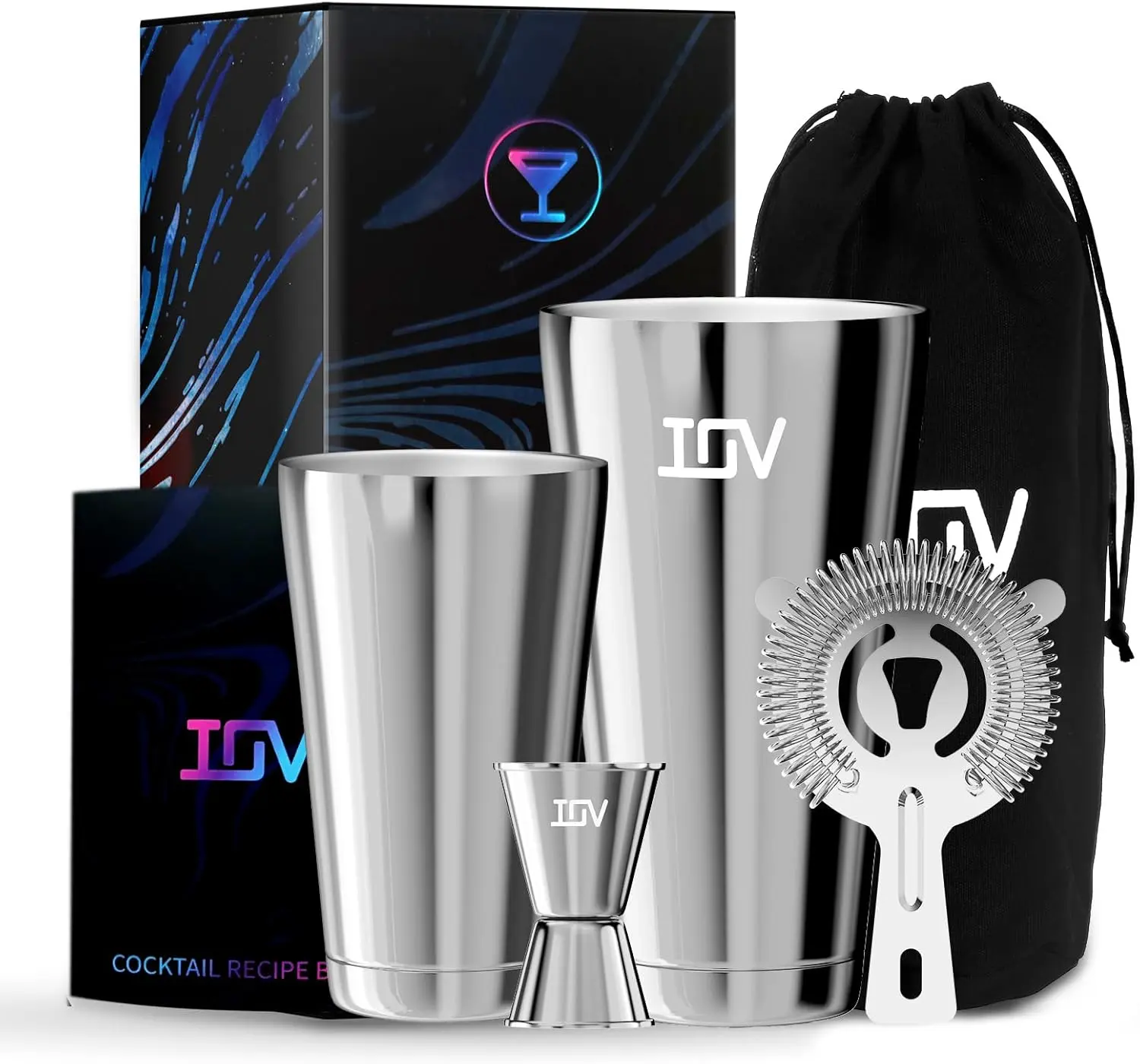 IOV Boston Cocktail Shaker Bar Set, Bartender Kit Drink Mixer Set with 18 oz & 28 oz Boston Shakers, Hawthorne Strainer, Double Jigger, Bar Tool Kit and Recipe Booklet Utensils  #Summervibes
