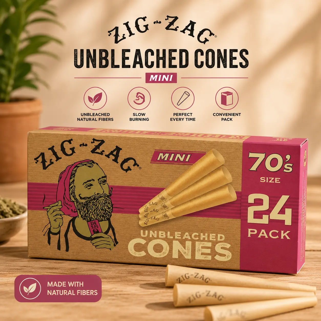 Unbleached Mini Pre Rolled Cones, 70mm, 24 Each | Premium Quality, Slow Burn, Easy Fill, Plant Based