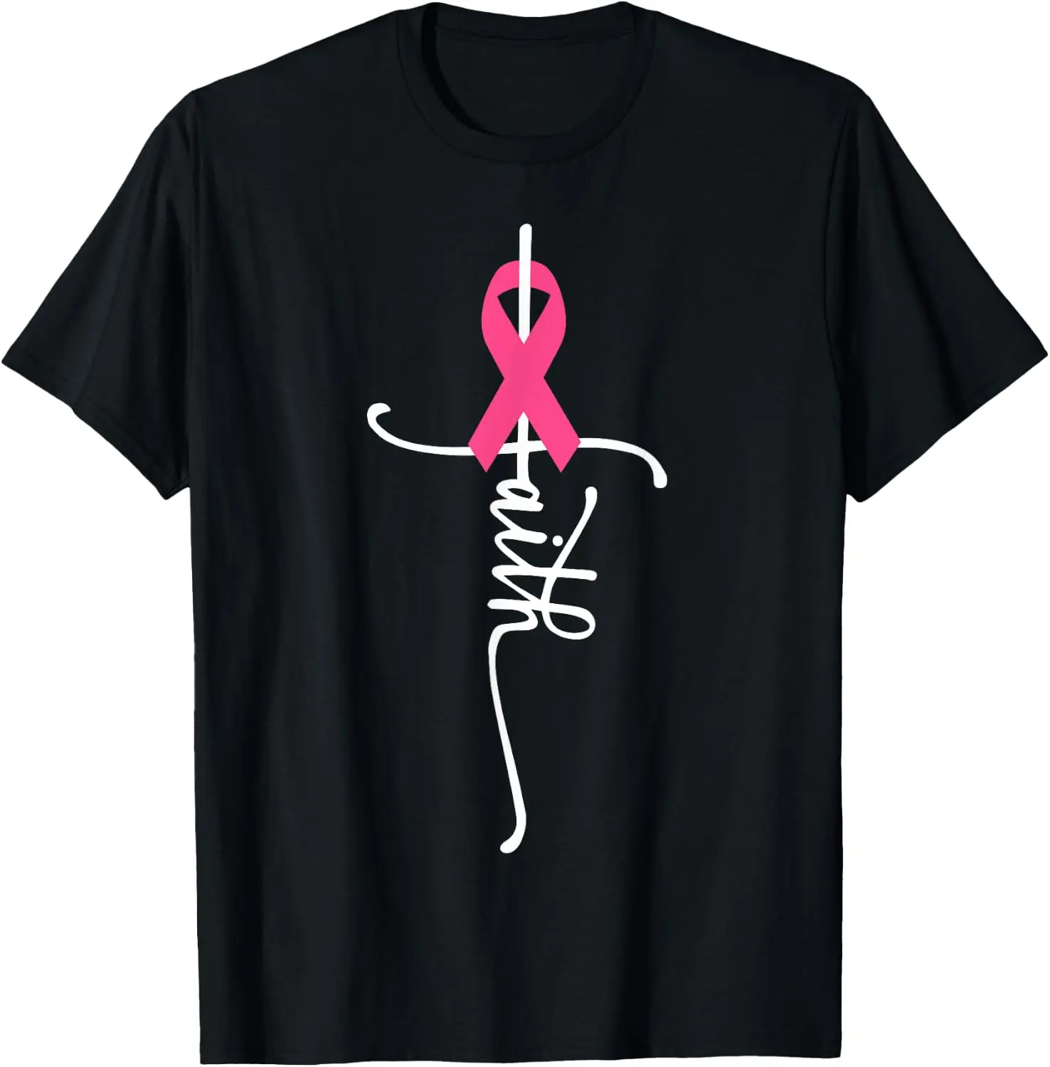 Faith Cross Script Pink Ribbon Breast Cancer Awareness Unisex Crew Neck T-Shirt