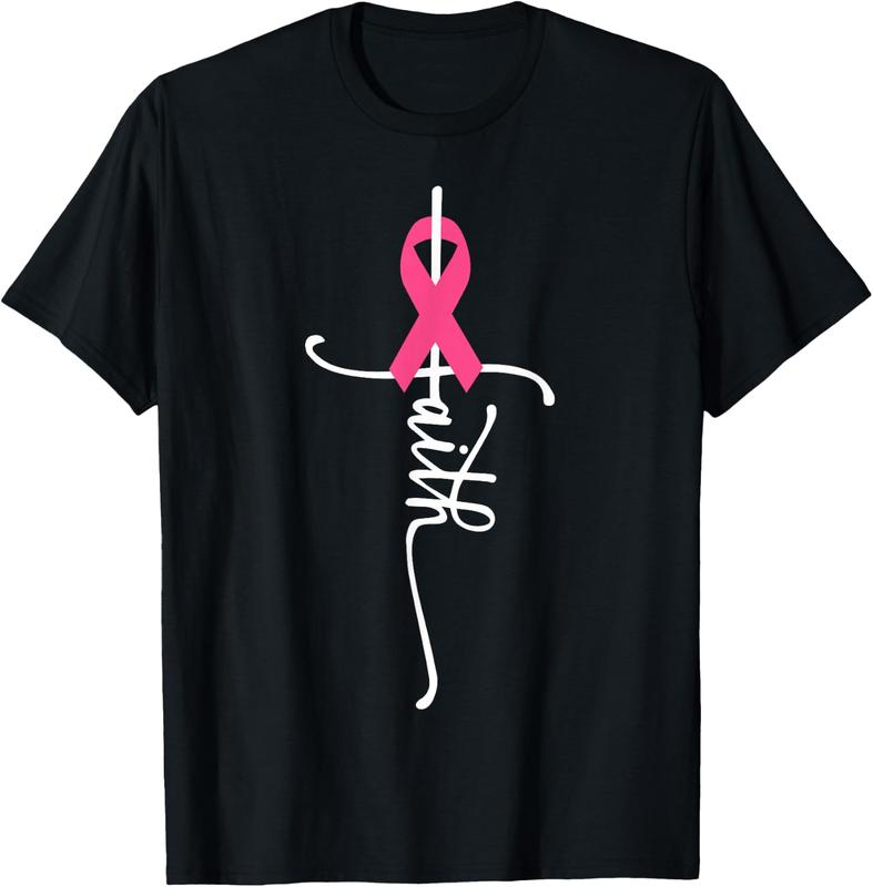 Faith Cross Script Pink Ribbon Breast Cancer Awareness Unisex Crew Neck T-Shirt