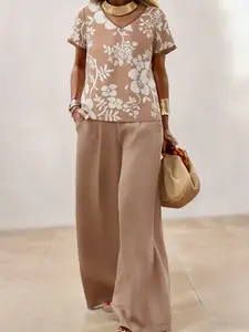 Women's Floral Print Top & Wide Leg Pants Set, Summer Fashion, Casual Daily Wear, Comfortable Ladies Clothing, Womenswear Fit Loose