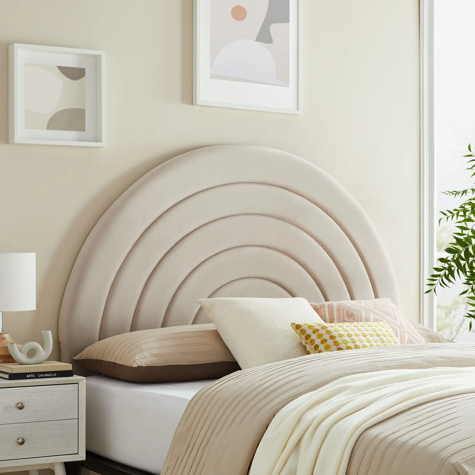 Solana Arched Luxury Soft Upholstered Full Headboard - Modern Bedroom Furniture, Almond Finish, Layered Pads, Stain-Resist Design, Comfortable Indoor Headboard, Arch Shaped