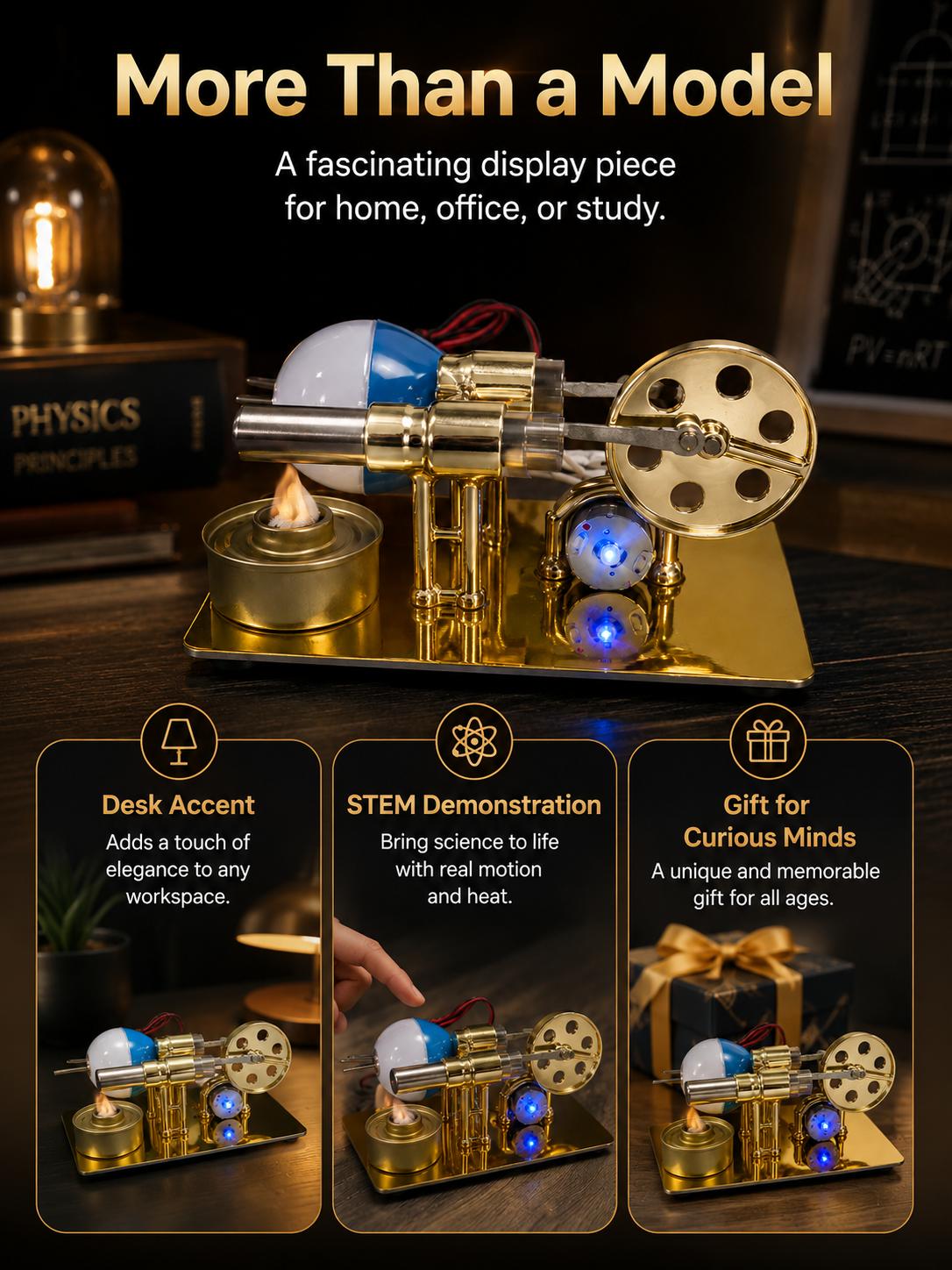 Heat‑Powered Stirling Engine Model with Burning Fuel & LED Motion Desk Toy