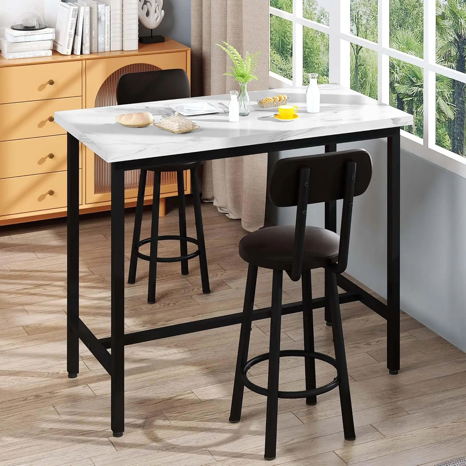 Hooseng 2-Piece Modern Minimal Wood Indoor Dining Table Set - Round Kitchen Table, PU Leather Ergonomic Chairs for Small Space Home Interior Apartment Furniture