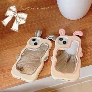 Cute Rabbit Ears Mirror Handheld Makeup Suitable for iPhone 15 Pro Max 14 Phone Case 13 Anti-Fingerprint