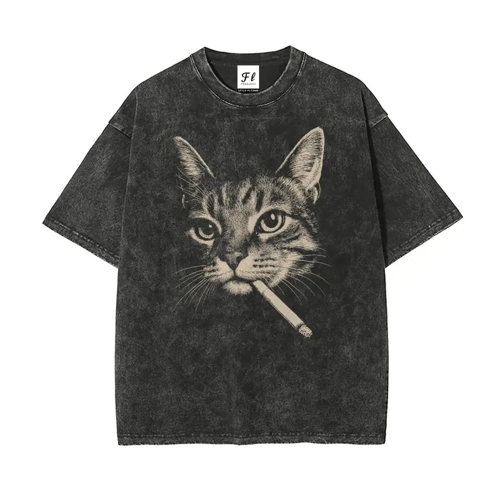 Men's Oversized Round-Neck Short-Sleeve Washed Cotton Graphic Top - Vintage Smoking Cat Eco-Print, Streetwear Basics, All-Seasons Casual Unisex Menswear for Shared Closet Ease