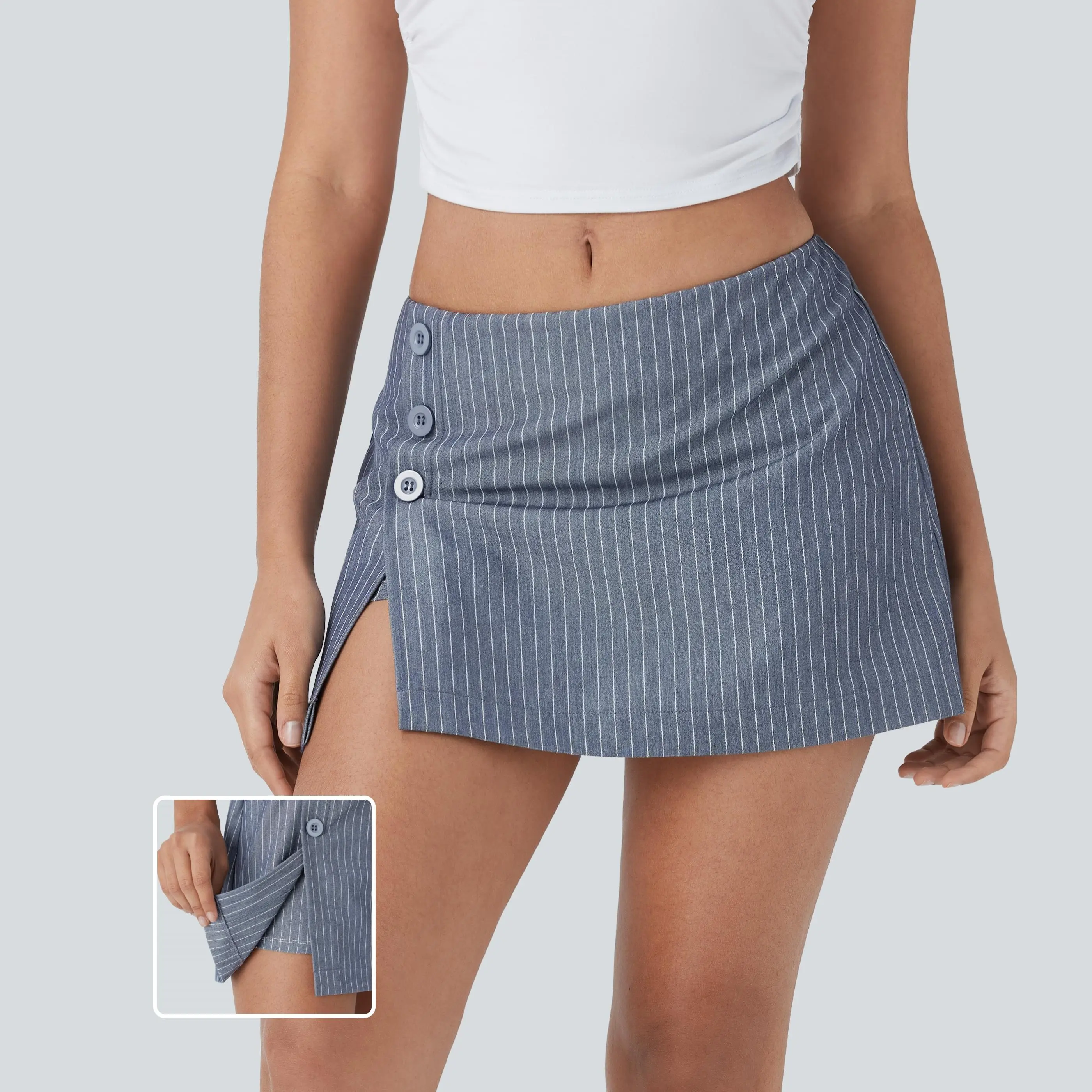 Halara Low Rise Invisible Zipper Decorative Button Split 2-in-1 Stripe Mini Casual Skirt