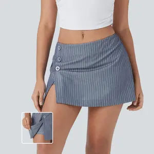 Halara Low Rise Invisible Zipper Decorative Button Split 2-in-1 Stripe Mini Casual Skirt