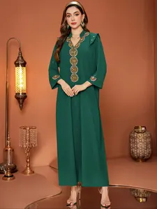 Embroidered Islamic Abaya Dress, V-Neck Beads, Perfect for Weddings & Eid Celebrations, Elegant Long Sleeve Gown, Abayas For Eid