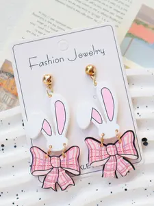 Cute Easter Acrylic Bunny Earrings, Soft Clay Style Bowknot Design, All-Season Cartoon Ear Accessories, Perfect Holiday Gift