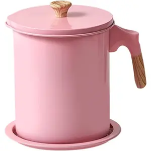Bacon Container with Strainer, 6Cup Iron Oil Strainer Pot 47Oz Fat Can 1.4L Cooking Oil for Storing Frying Oil, Use Cooking Oil (Pink)