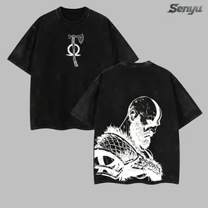 Kratos God of War Tee | Greek Myth Warrior Game Shirt | Oversized Double Printed Washed Tee | Heavyweight Cotton | Unisex Norse Fighter Aesthetic | Spartan Rage Vintage Gamewear | Dark Gaming Streetwear for Him Crew Neck Round Neck Shortsleeve Menswear