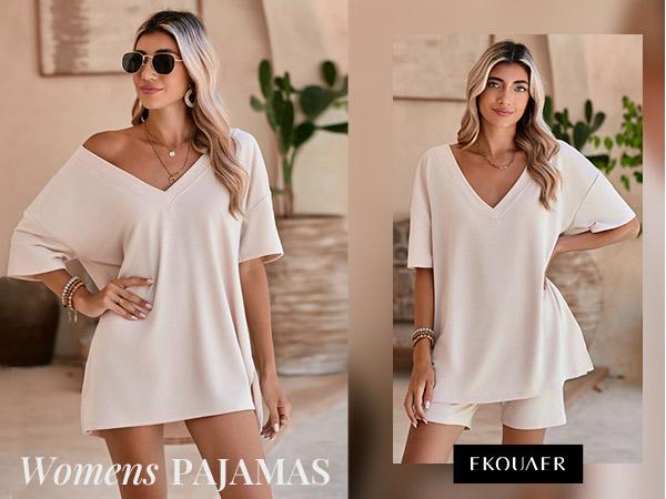 EKOUAER V-neck Two-Piece Pajama Set For Women Summer Casual Oversized Split Hem Shirts & Biker Shorts Minimalist Lounge Wear Soft Homewear Cozy Pjs Clothes Comfy EKOUAER V-neck Two-Piece Pajama Set For Women Summer Casual Oversized Split Hem Shirts & Biker Shorts Minimalist Lounge Wear Soft Homewear Cozy Pjs Clothes Comfy